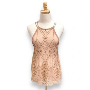 Free People Beaded Pink Embroidered High Neck Tank Top Camisole Size Small